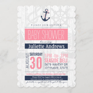 Invitation Baby shower nautique, Fille rose bleu