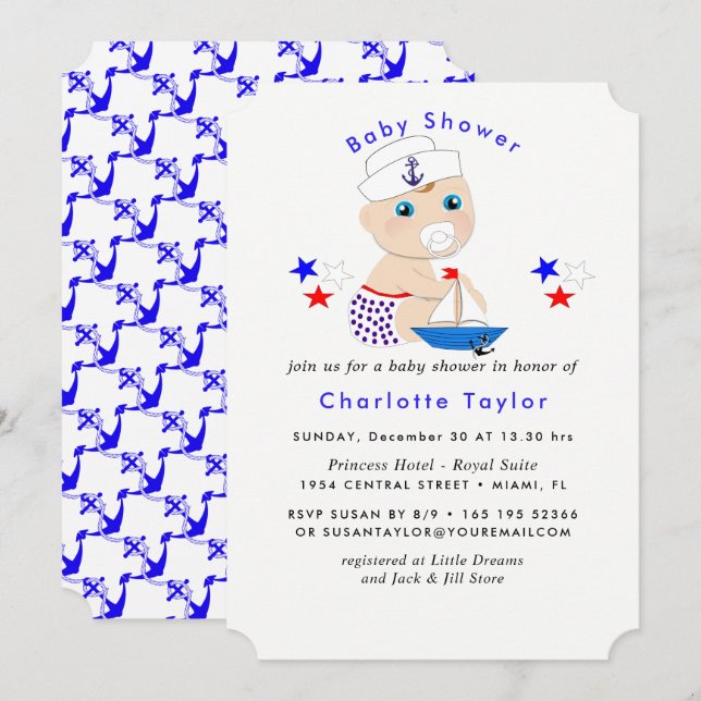Invitation Baby shower Nautique Garçons mignon marin Bleu (Devant / Derrière)