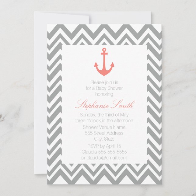 Invitation Baby shower nautique gris Chevron et corail rose (Devant)