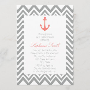 Invitation Baby shower nautique gris Chevron et corail rose