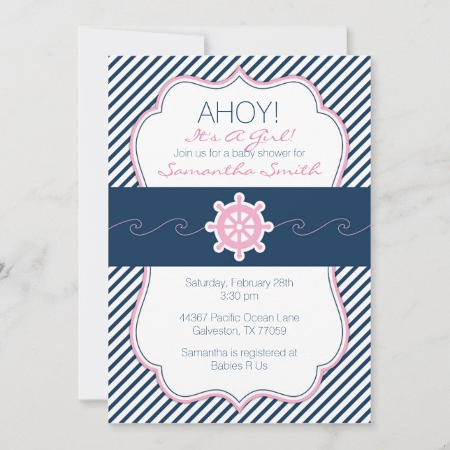Invitation Baby shower nautique Invitation-Marine Bleu & Rose (Devant)