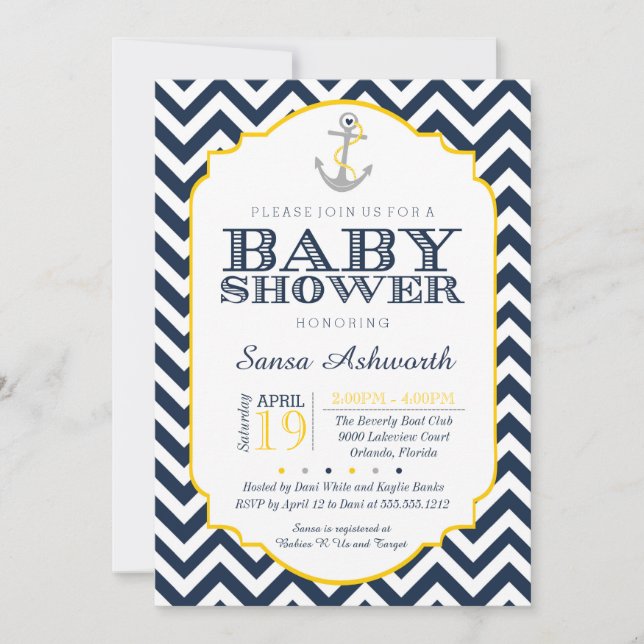 Invitation Baby shower nautique, jaune Chevron (Devant)