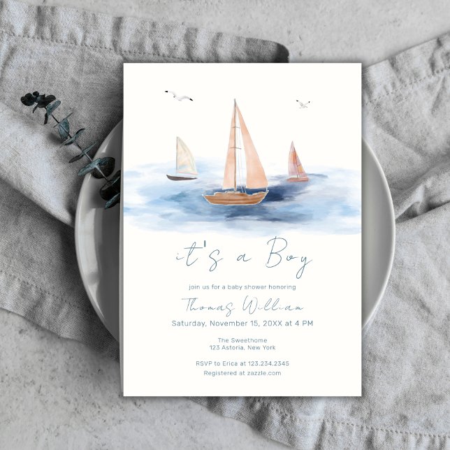 Invitation Baby shower nautique minimaliste neutre (Neutral Minimalist Nautical Sailboat Baby Shower Invitation)