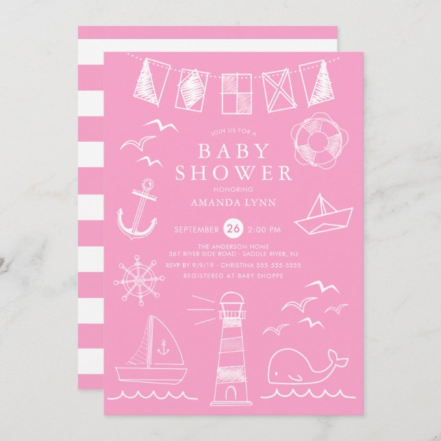 Invitation Baby shower Nautique Nautical Sailboat Girl (Devant / Derrière)