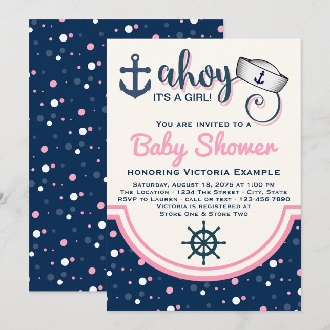 Invitation Baby-Shower Nautique pour Fille (Devant / Derrière)