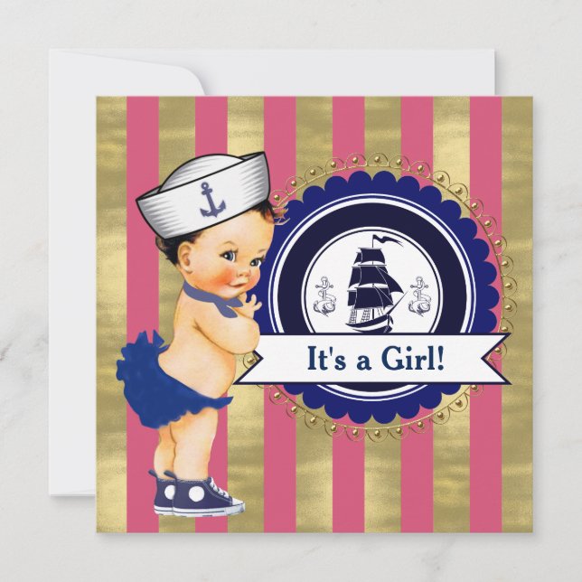 Invitation Baby-Shower Nautique pour Fille (Devant)