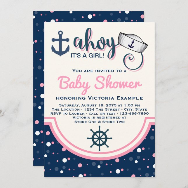 Invitation Baby shower nautique pour filles (Devant / Derrière)