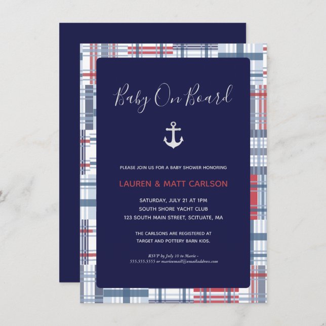 Invitation Baby shower - Nautique, Preppy, Marine (Devant / Derrière)