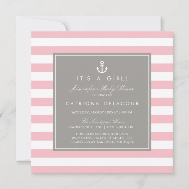 Invitation Baby shower nautique rose et gris (Devant)