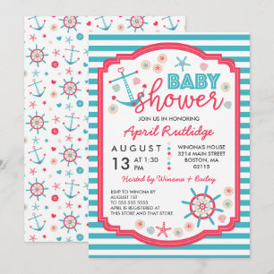 Invitation Baby shower nautique rouge de bleu et de framboise