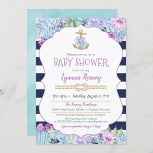 Invitation Baby shower nautique Succulents Marine Lavande ble