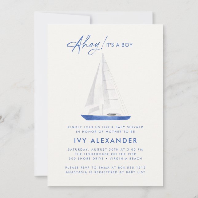 Invitation Baby shower nautique Watercolor Sailboat Boy (Devant)