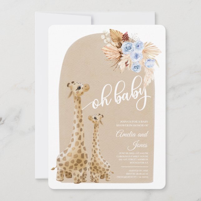 Invitation Baby shower Neutral Blue Pampas Grass Giraffe (Devant)