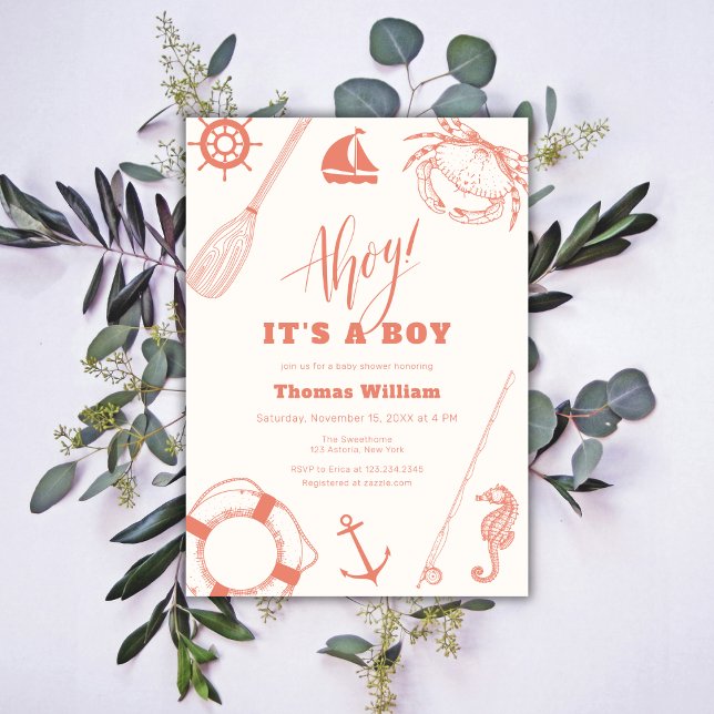 Invitation Baby shower Neutral moderne nautique de pêche garç (Neutral Modern Nautical Fishing Boy Baby Shower Invitation)