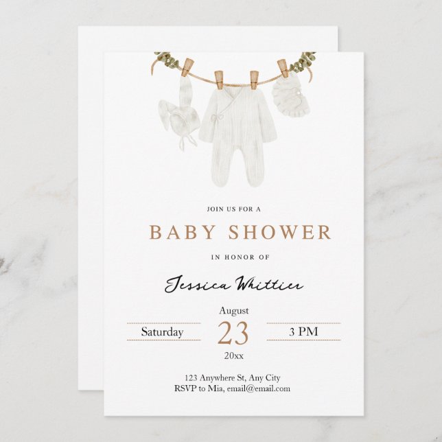 Invitation Baby shower Neutre Aquarelle Vêtements pour bébé (Devant / Derrière)