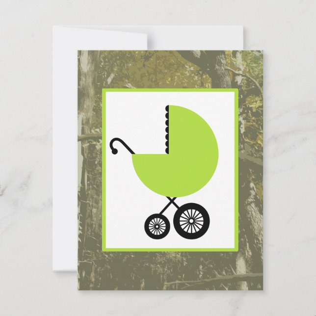 Invitation Baby shower neutre - chariot et camouflage verts (Devant)