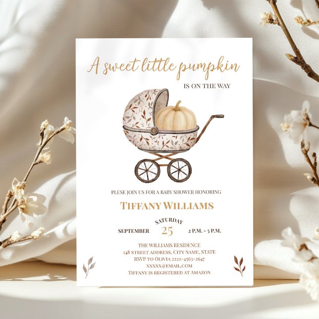 Invitation Baby shower neutre citrouille d'automne (A little pumpkin is on the way rustic retro stroller baby shower invitation )