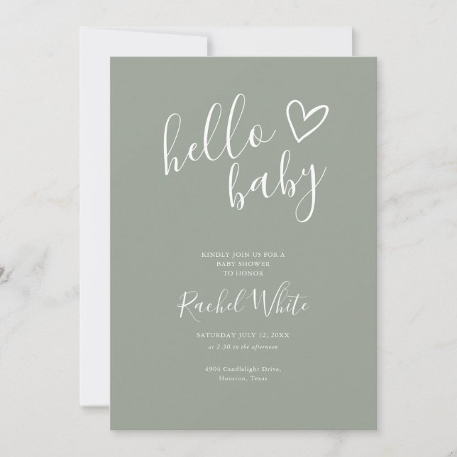 Invitation Baby Shower Neutre Code QR Vert Sauge Bonjour (Devant)