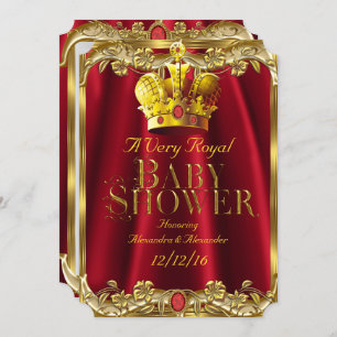 Invitation Baby shower neutre Couronne royale rouge Gem or