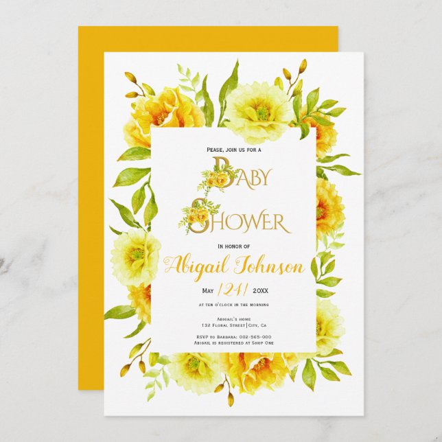 Invitation Baby shower neutre de fleurs d'aquarelle jaune (Devant / Derrière)