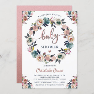 Invitation Baby shower neutre de la couronne florale rose de 