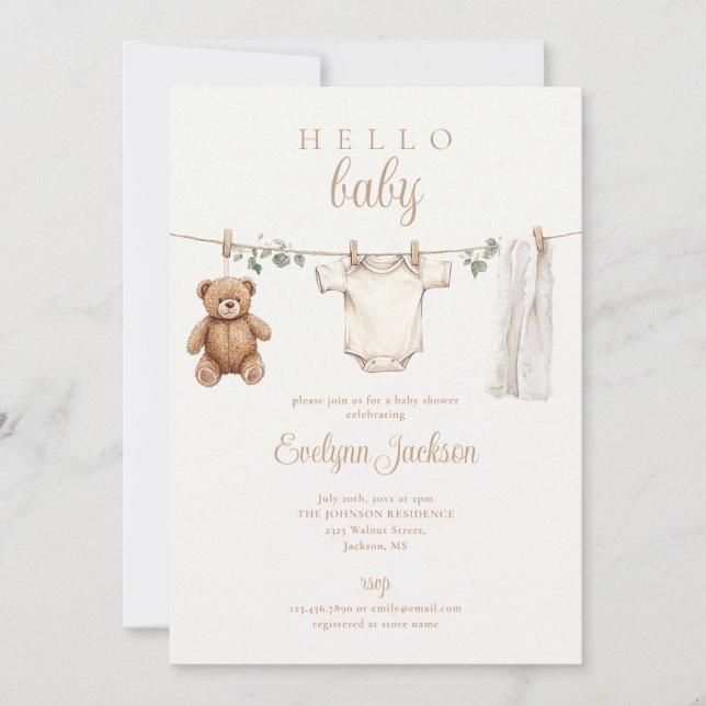 Invitation Baby shower neutre de la ligne de vêtements photo  (Devant)