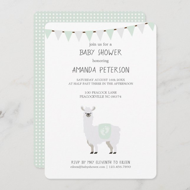 Invitation Baby shower neutre de lama de genre vert et blanc (Devant / Derrière)