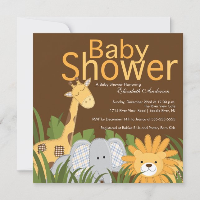 Invitation Baby shower neutre des animaux de Jungle Safari (Devant)
