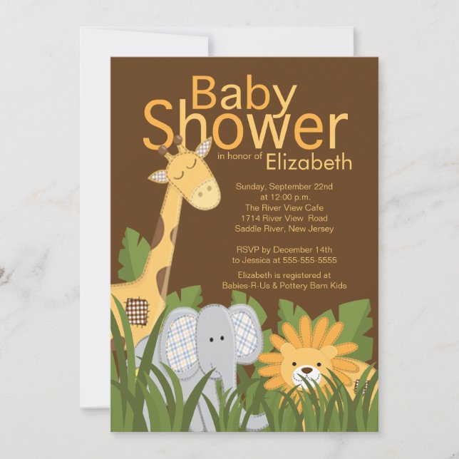 Invitation Baby shower neutre des animaux de Jungle Safari (Devant)