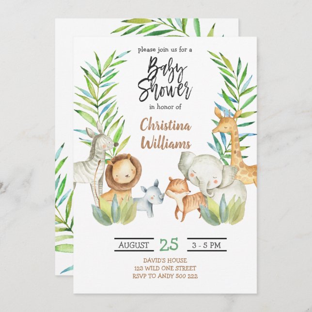 Invitation Baby shower neutre des animaux de la jungle (Devant / Derrière)