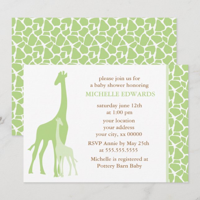 Invitation Baby shower neutre des Giraffes vertes (Devant / Derrière)