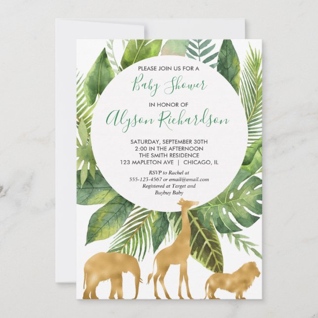 Invitation Baby shower neutre d'or vert de genre de safari (Devant)