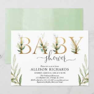Invitation Baby shower neutre d'or vert de verdure de genre
