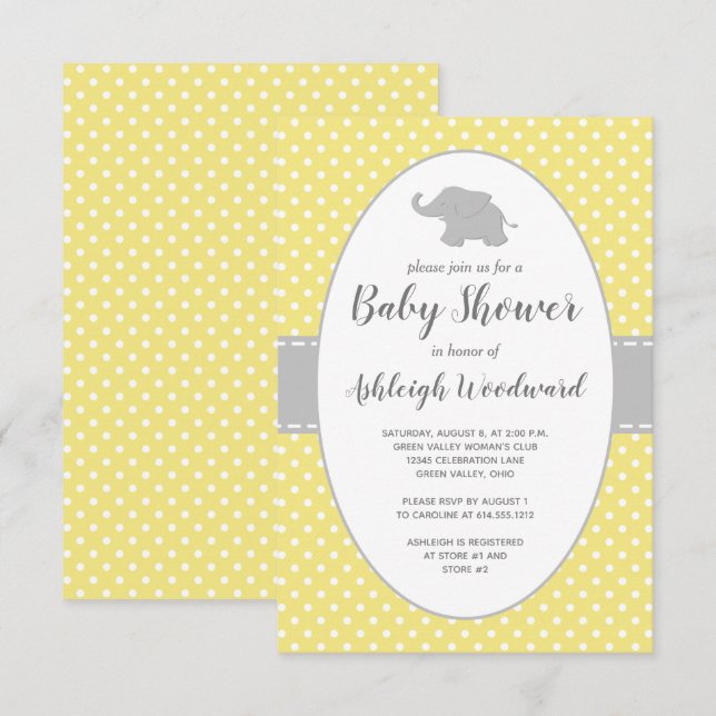 Invitation Baby shower neutre Eléphant Polka Jaune (Devant / Derrière)