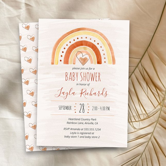 Invitation Baby shower neutre en aquarelle du coeur arc-en-ci (Neutral Rainbow baby shower  invitation)