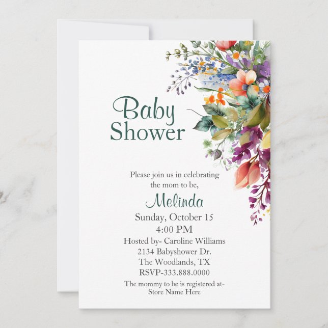 Invitation Baby shower neutre Fleur sauvage aquarelle (Devant)