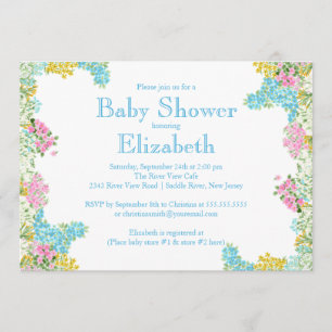 Invitation Baby shower neutre floral bleu assez rose