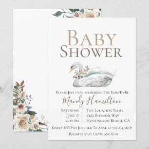Invitation Baby shower neutre floral de cygne élég