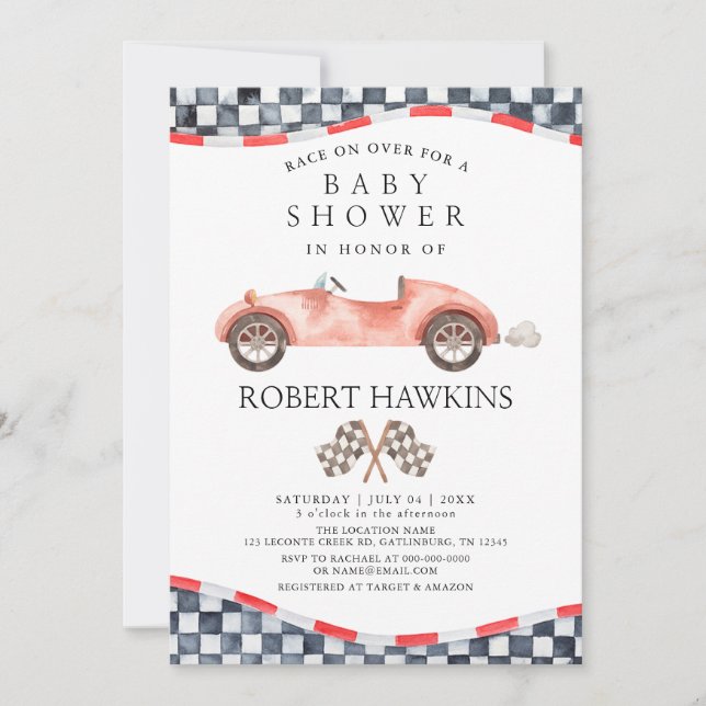 Invitation Baby shower Neutre Genre De Voiture De Course Rétr (Devant)