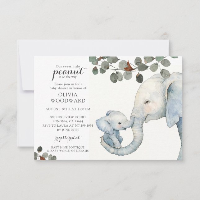 Invitation Baby shower Neutre Genre Eléphant Et Verdure (Devant)