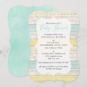 Invitation Baby shower neutre genre Mint Jaune Bois rustique