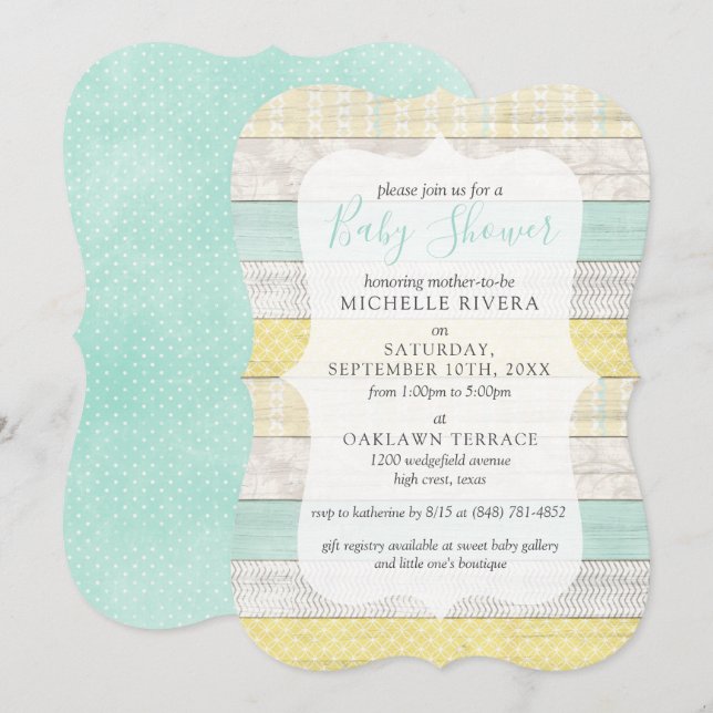 Invitation Baby shower neutre genre Mint Jaune Bois rustique (Devant / Derrière)
