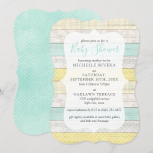 Invitation Baby shower neutre genre Mint Jaune Bois rustique