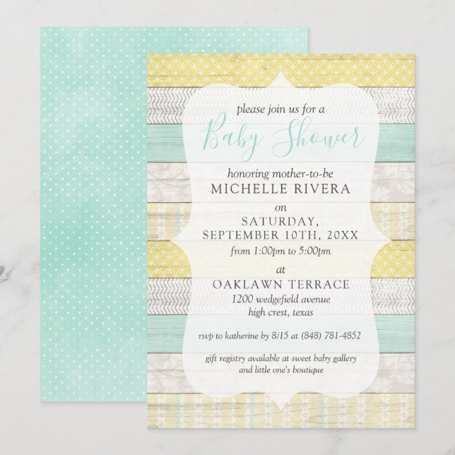 Invitation Baby shower neutre genre Mint Jaune Bois rustique (Devant / Derrière)