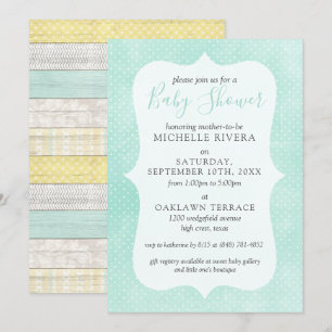 Invitation Baby shower neutre genre Mint Jaune Bois rustique