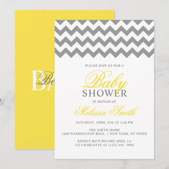 Invitation BABY SHOWER neutre moderne gris jaune Chevron (Devant / Derrière)