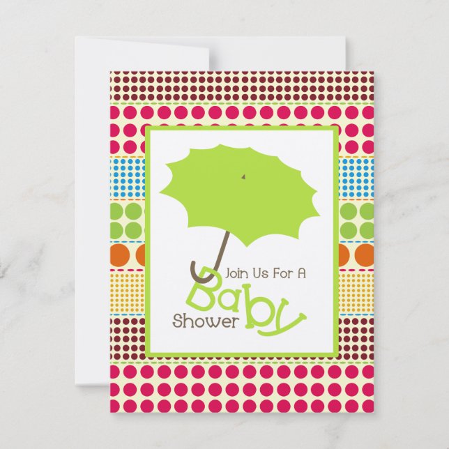 Invitation Baby shower neutre - Parapluie vert et points de s (Devant)