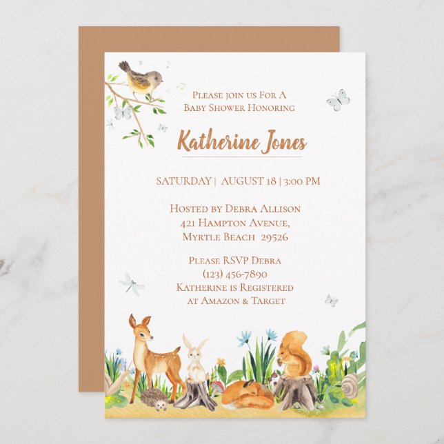 Invitation Baby shower neutre pour les animaux des bois (Devant / Derrière)