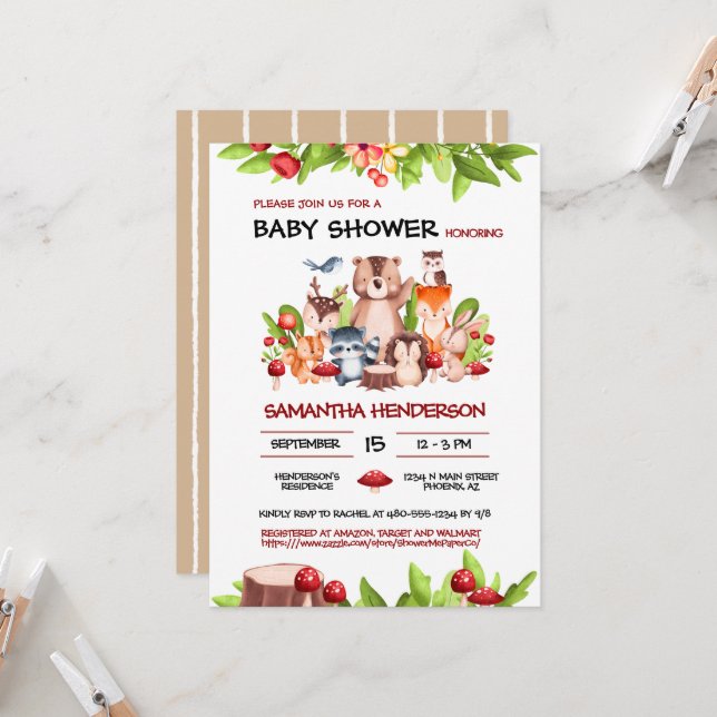 Invitation Baby shower neutre pour les animaux des bois (Devant/Arrière en situation)