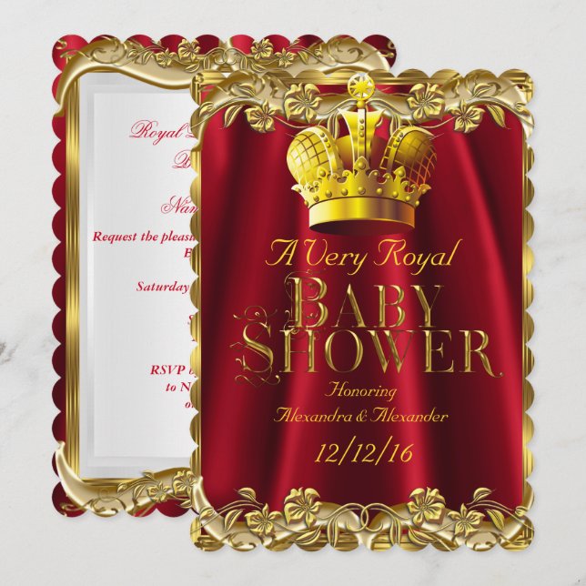 Invitation Baby shower neutre Royal Regal Red Gold Crown (Devant / Derrière)